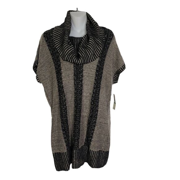 Fever Womens Sweater Large Black Beige Pullover Turtleneck Short Sleeve Knit Rib - Picture 1 of 11